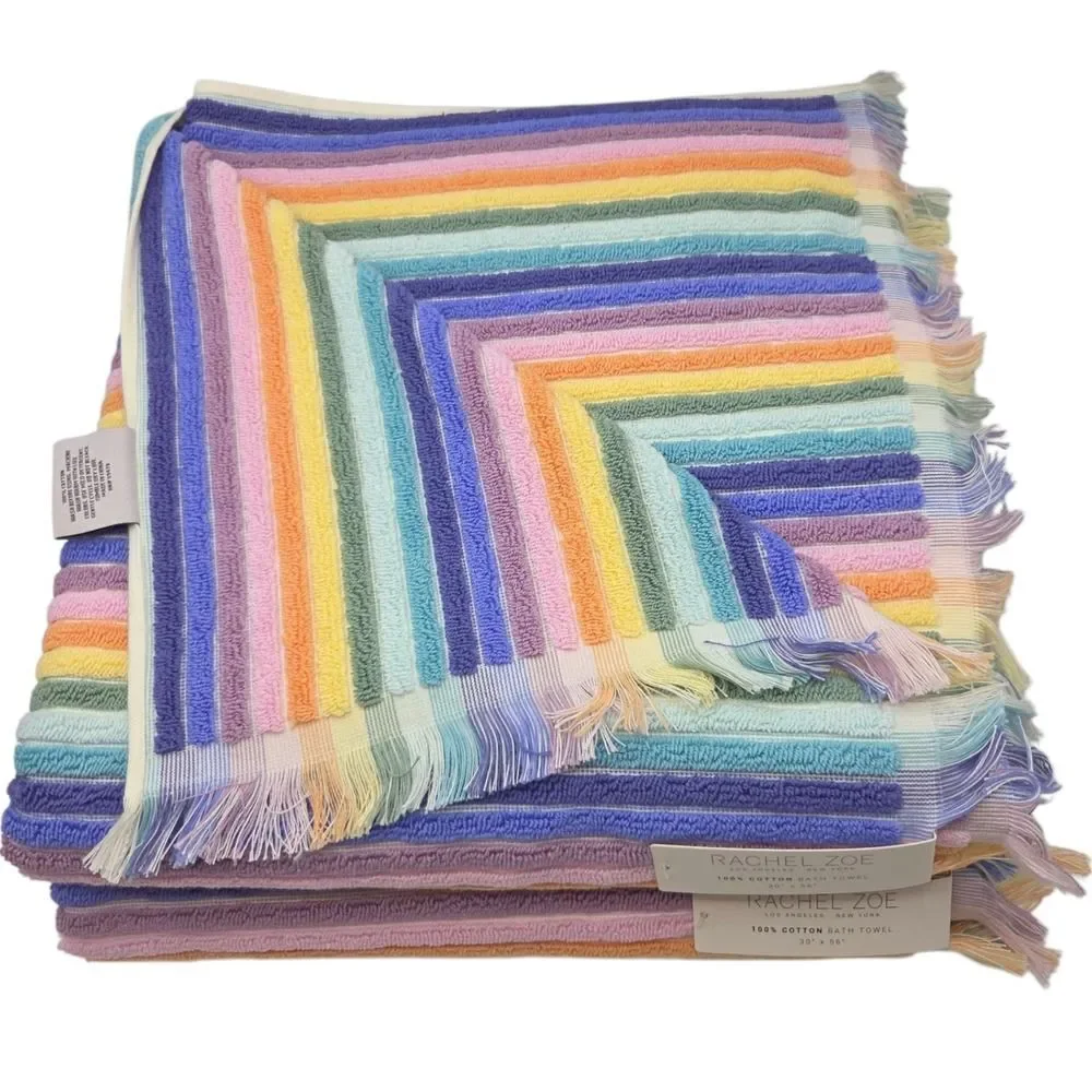 Rachel Zoe 8pc Rainbow Striped Fringe Cotton Towel Set 2 Bath 4Wash 2Hand Multi